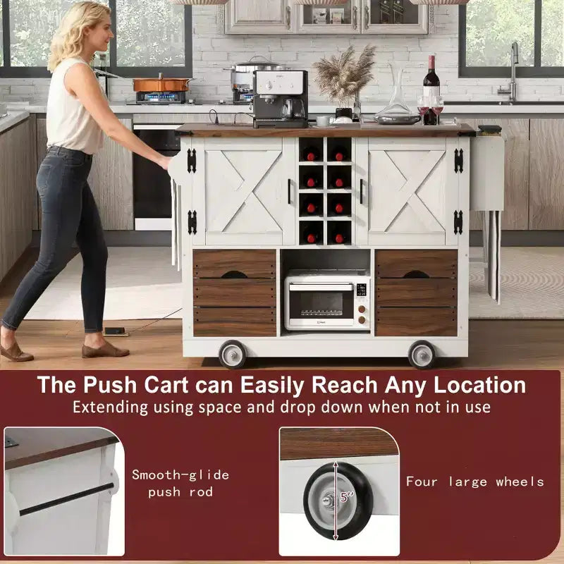 Isola cucina con piano ribaltabile e presa elettrica, 2 ante e 2 cassetti, carrello da cucina