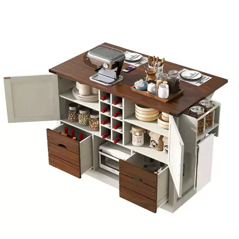 Isola cucina con piano ribaltabile e presa elettrica, 2 ante e 2 cassetti, carrello da cucina