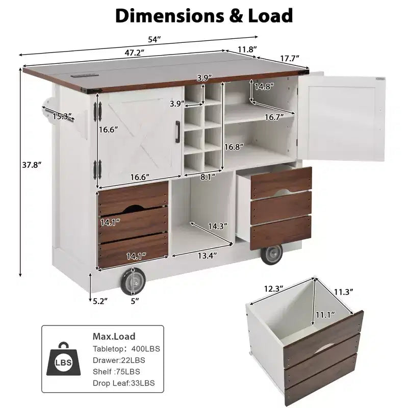 Isola cucina con piano ribaltabile e presa elettrica, 2 ante e 2 cassetti, carrello da cucina