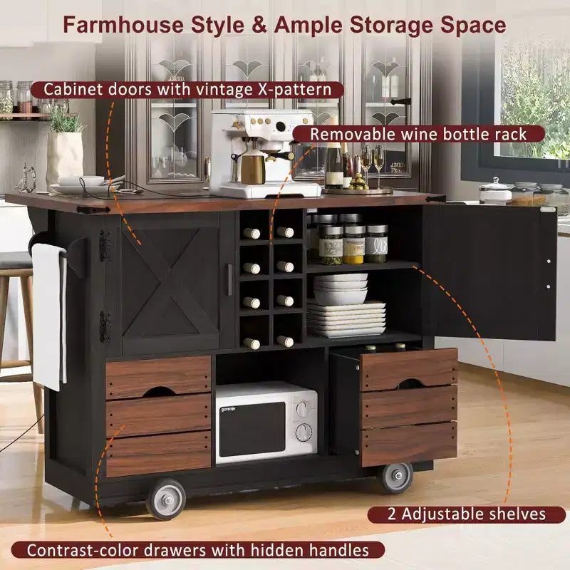 Isola cucina con piano ribaltabile e presa elettrica, 2 ante e 2 cassetti, carrello da cucina