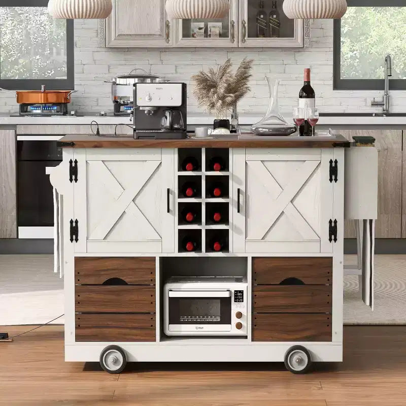 Isola cucina con piano ribaltabile e presa elettrica, 2 ante e 2 cassetti, carrello da cucina