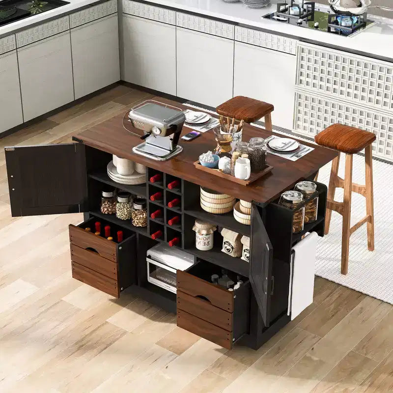 Isola cucina con piano ribaltabile e presa elettrica, 2 ante e 2 cassetti, carrello da cucina