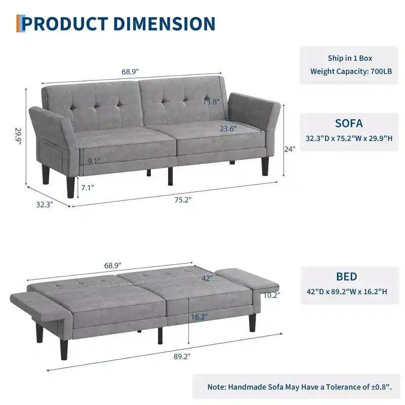 Divano letto futon 89 pollici, divano letto moderno in chenille con schienale e bracciolo regolabili, divano futon convertibile per soggiorno, camera da letto, appartamenti