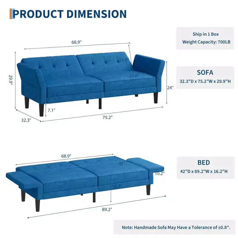 89 Zoll Futon-Schlafsofa, moderner Chenille-Schlafsofa mit verstellbarer Rückenlehne & Armlehne, wandelbares Futon-Sofa für Wohnzimmer, Schlafzimmer, Apartments