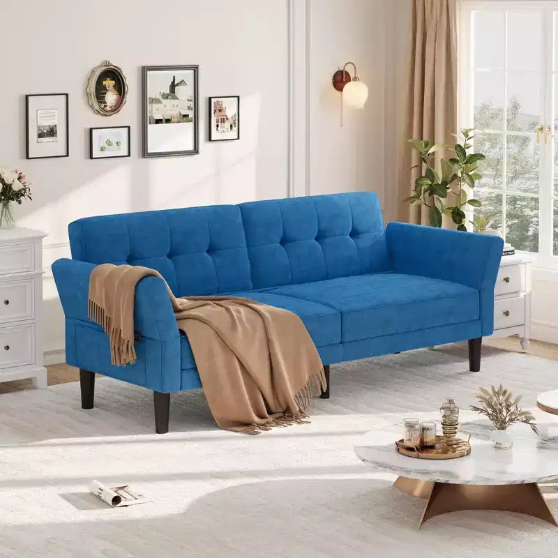 89 Futon Sofa Bed, Modern Chenille Sleeper Couch with Adjustable Backrest & Armrest, Convertible Futon Couch for Living Room Bedroom Apartments
