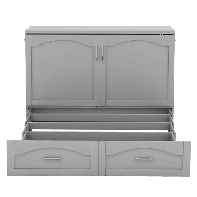 Lit escamotable mural full/queen avec tiroirs de rangement, meuble lit escamotable en bois avec prises et ports USB, design à poulie
