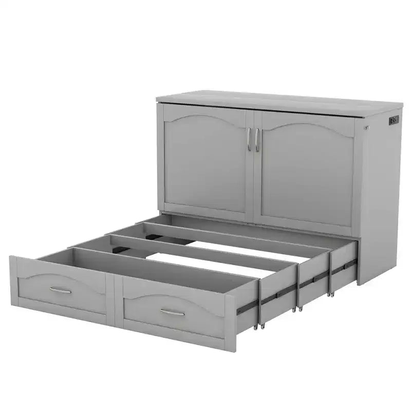 Lit escamotable mural full/queen avec tiroirs de rangement, meuble lit escamotable en bois avec prises et ports USB, design à poulie