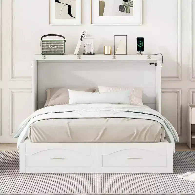 Lit escamotable mural full/queen avec tiroirs de rangement, meuble lit escamotable en bois avec prises et ports USB, design à poulie