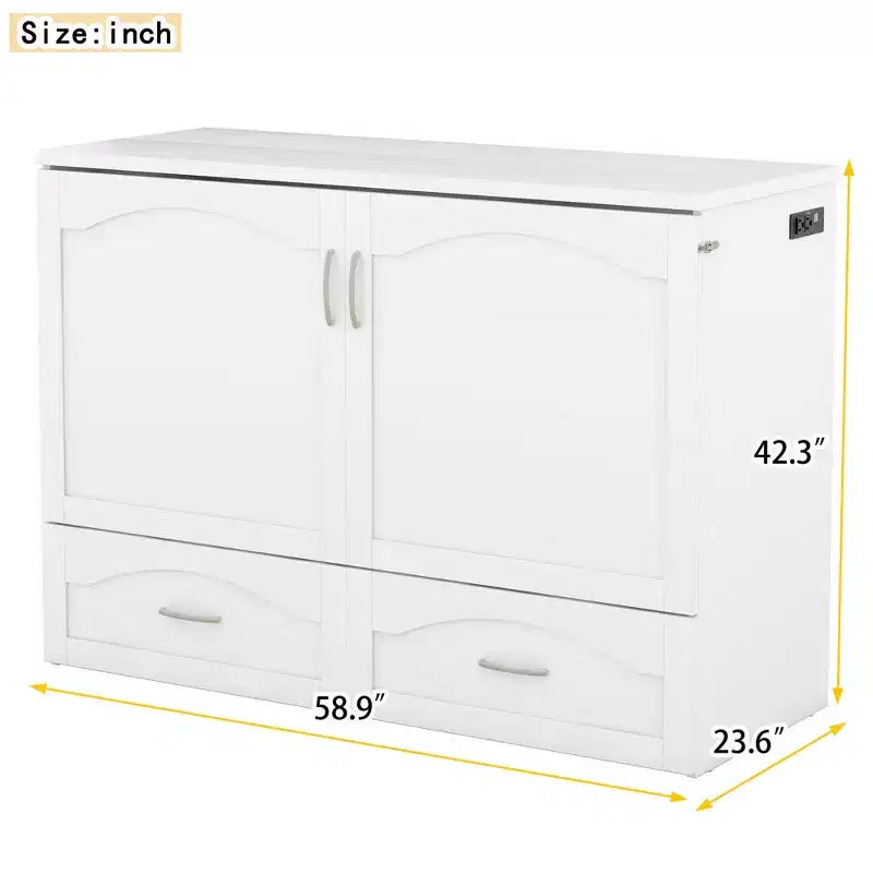 Lit escamotable mural full/queen avec tiroirs de rangement, meuble lit escamotable en bois avec prises et ports USB, design à poulie