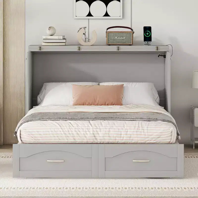 Full/Queen Murphy-Bett mit Wandbett und Aufbewahrungsschubladen, Holz-Murphy-Bett-Kommode mit Steckdosen & USB-Anschlüssen, Seilzugsystem-Design
