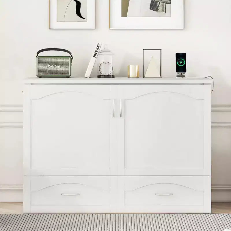 Lit escamotable mural full/queen avec tiroirs de rangement, meuble lit escamotable en bois avec prises et ports USB, design à poulie