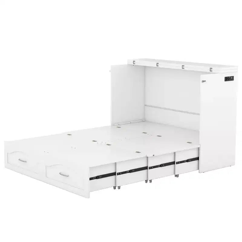 Lit escamotable mural full/queen avec tiroirs de rangement, meuble lit escamotable en bois avec prises et ports USB, design à poulie