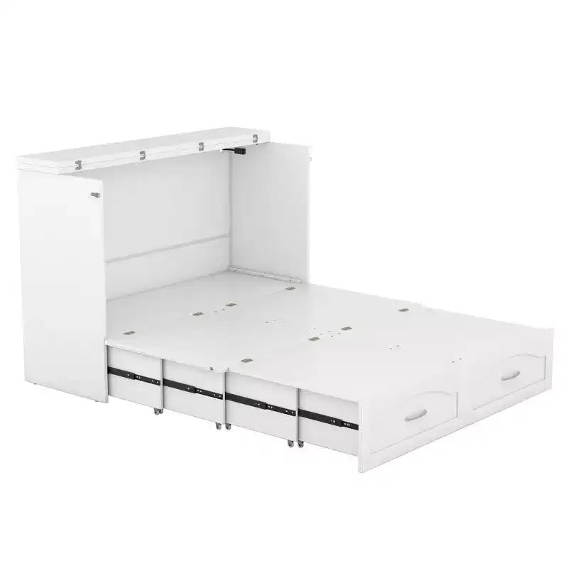Lit escamotable mural full/queen avec tiroirs de rangement, meuble lit escamotable en bois avec prises et ports USB, design à poulie