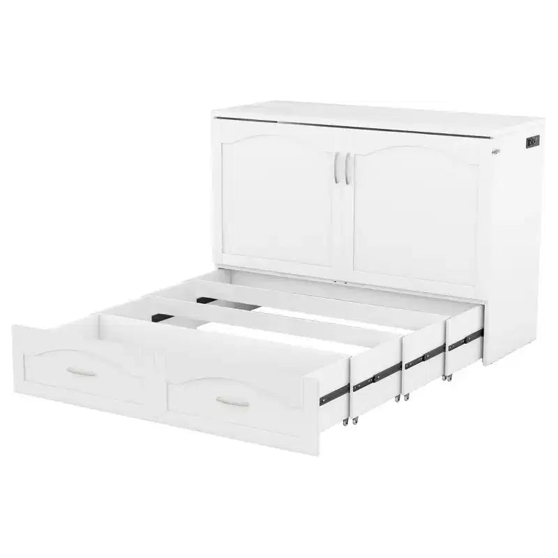 Lit escamotable mural full/queen avec tiroirs de rangement, meuble lit escamotable en bois avec prises et ports USB, design à poulie