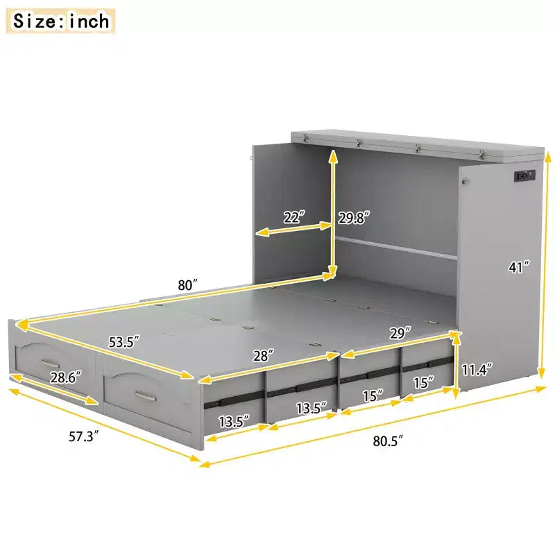 Full/Queen Murphy-Bett mit Wandbett und Aufbewahrungsschubladen, Holz-Murphy-Bett-Kommode mit Steckdosen & USB-Anschlüssen, Seilzugsystem-Design