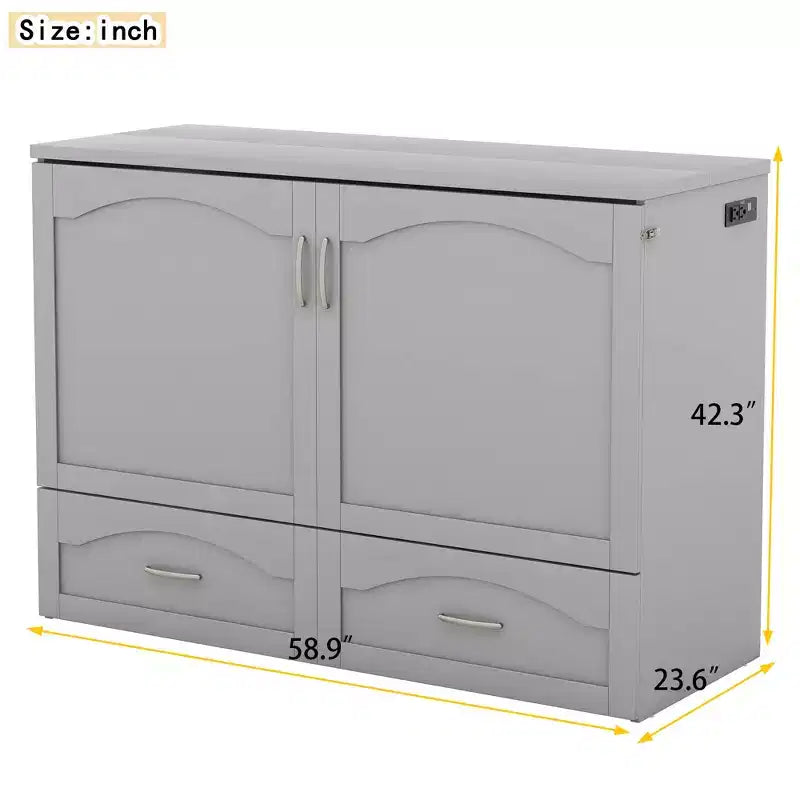 Full/Queen Murphy-Bett mit Wandbett und Aufbewahrungsschubladen, Holz-Murphy-Bett-Kommode mit Steckdosen & USB-Anschlüssen, Seilzugsystem-Design
