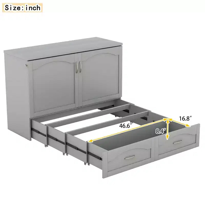 Full/Queen Murphy-Bett mit Wandbett und Aufbewahrungsschubladen, Holz-Murphy-Bett-Kommode mit Steckdosen & USB-Anschlüssen, Seilzugsystem-Design