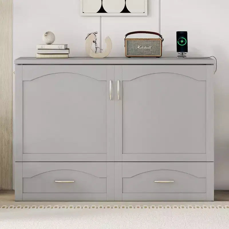 Lit escamotable mural full/queen avec tiroirs de rangement, meuble lit escamotable en bois avec prises et ports USB, design à poulie