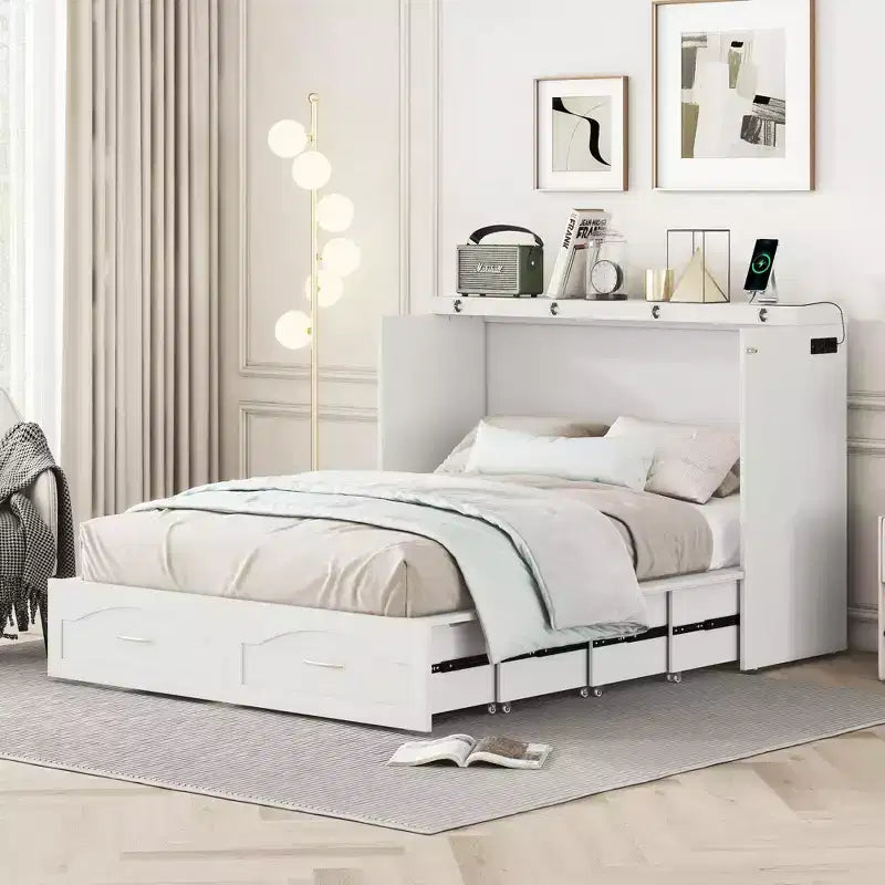 Full/Queen Murphy-Bett mit Wandbett und Aufbewahrungsschubladen, Holz-Murphy-Bett-Kommode mit Steckdosen & USB-Anschlüssen, Seilzugsystem-Design