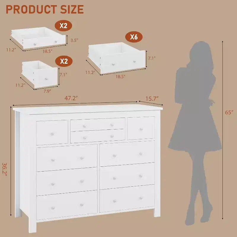 Kommode mit 10 Schubladen fürs Schlafzimmer, moderner Holzschubladenschrank mit natürlicher Struktur