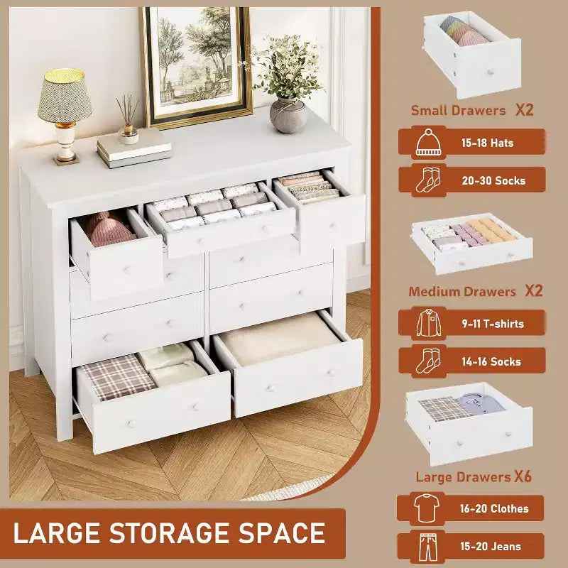 Kommode mit 10 Schubladen fürs Schlafzimmer, moderner Holzschubladenschrank mit natürlicher Struktur