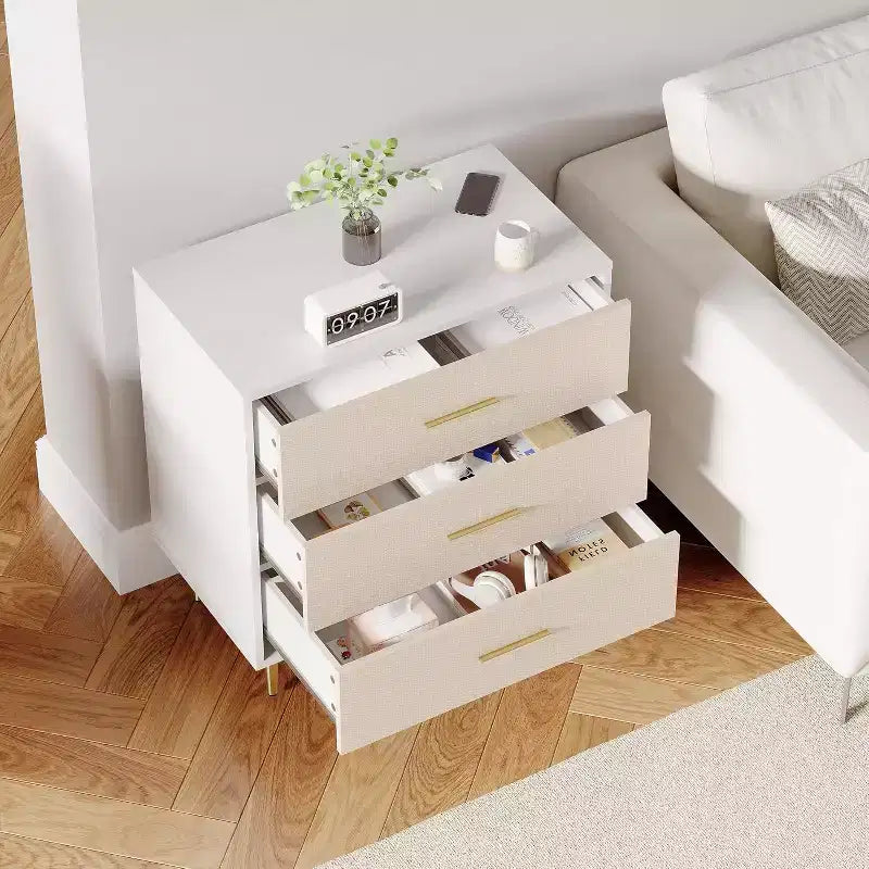 White 5 Drawer Dresser, Tall Narrow Chest of Drawers, Wooden Skinny Dresser with Gold Metal Handles and Legs