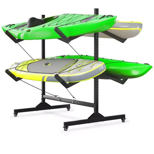 2-6 Kayak Freestanding Storage Rack - Heavy-Duty Steel Kayak Holder with Movable Wheels & Hanging Straps for Outdoor Use (Select Size, Black)
