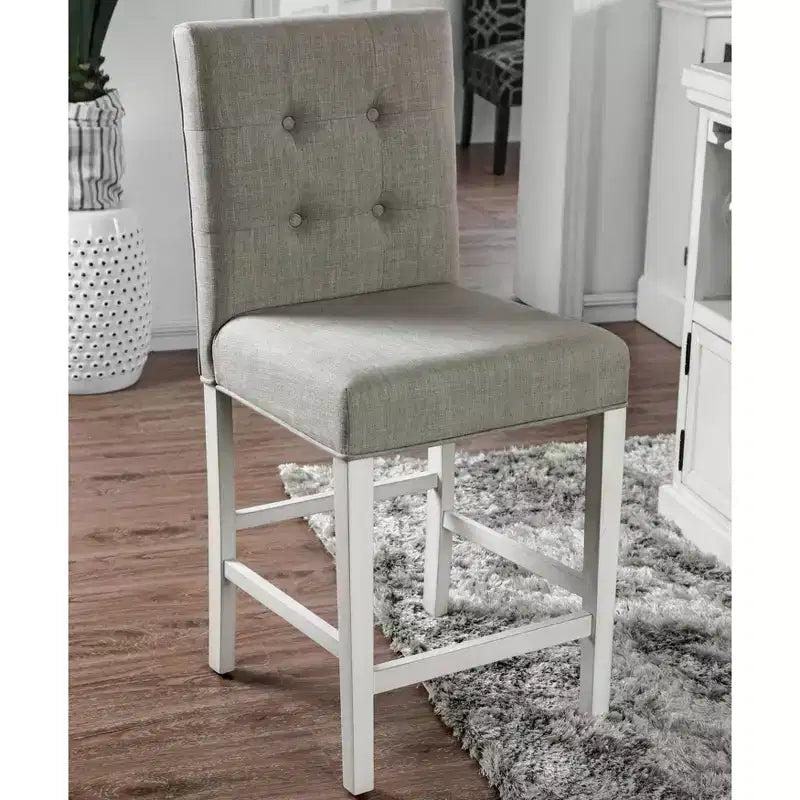 Set of 2 Transitional Counter Height Barstools, Antique White with Nailhead Trim and Linen Upholstery