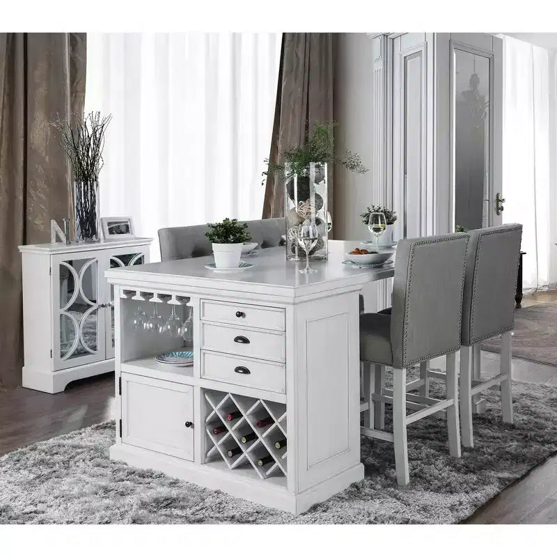 Set di 2 sgabelli da banco a altezza da bancone, bianco antico con rifiniture a chiodi e rivestimento in lino