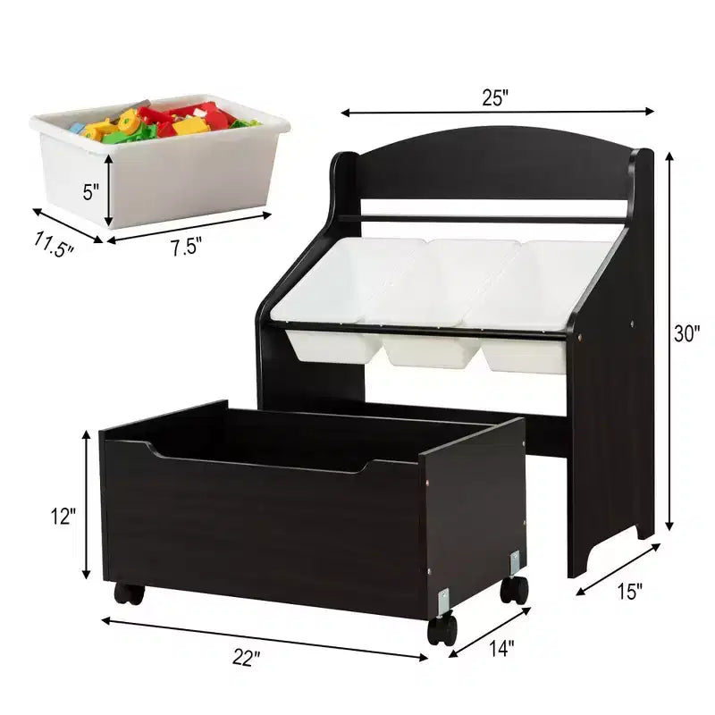 Kinder Holzspielzeug-Aufbewahrungseinheit mit rollender Spielzeugbox & Kunststoffbehältern