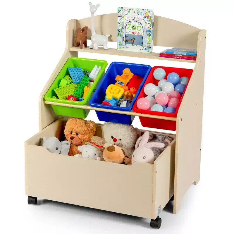Kinder Holzspielzeug-Aufbewahrungseinheit mit rollender Spielzeugbox & Kunststoffbehältern