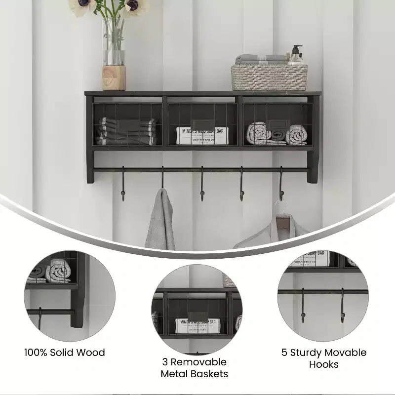 Estante de almacenamiento de madera de pino macizo de 24 pulgadas para montaje en pared con estante superior, 5 ganchos y cestas de alambre