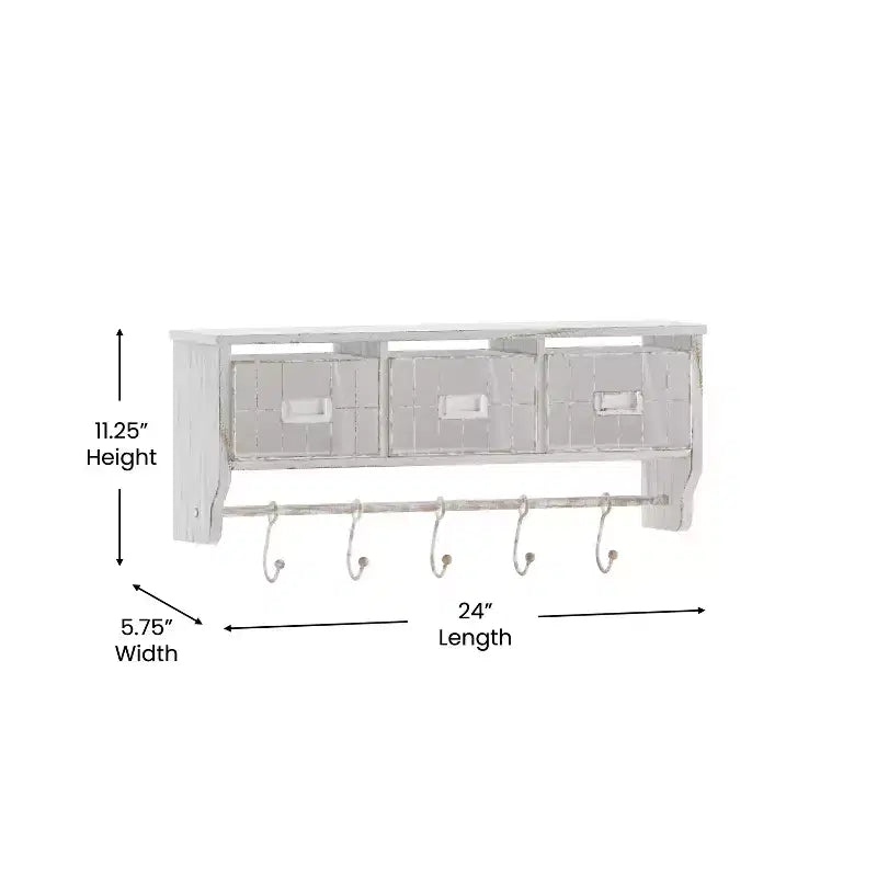 Estante de almacenamiento de madera de pino macizo de 24 pulgadas para montaje en pared con estante superior, 5 ganchos y cestas de alambre