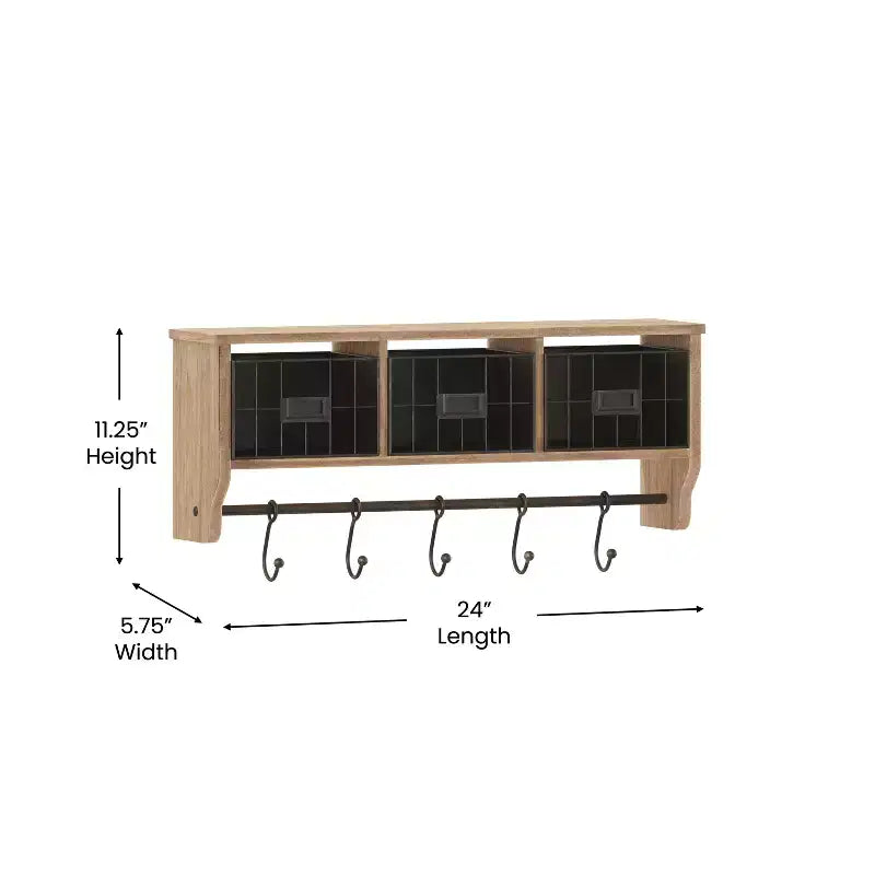 Estante de almacenamiento de madera de pino macizo de 24 pulgadas para montaje en pared con estante superior, 5 ganchos y cestas de alambre
