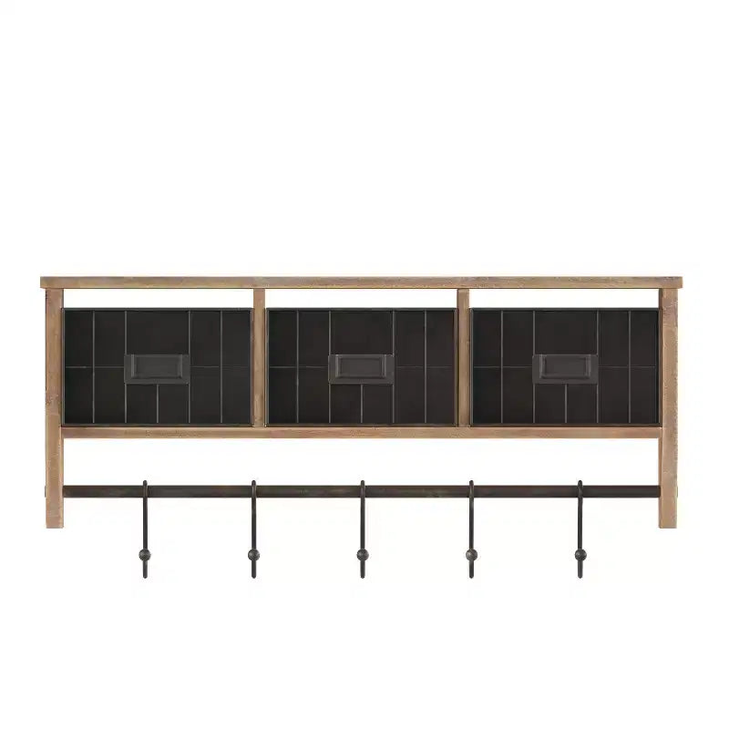 Wandmontage 24 inch massief dennenhouten opbergrek met bovenplank, 5 haken en draadmanden