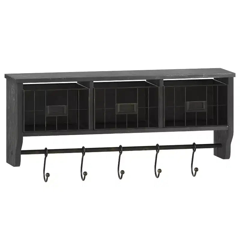 Wandmontage 24 inch massief dennenhouten opbergrek met bovenplank, 5 haken en draadmanden