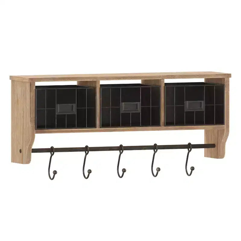 Merrick Lane Wall Mount 24 Inch Solid Pine Wood Storage Rack with Upper Shelf, 5 Hooks, and Wire Baskets for Living Room, Kitchen, or Entryway