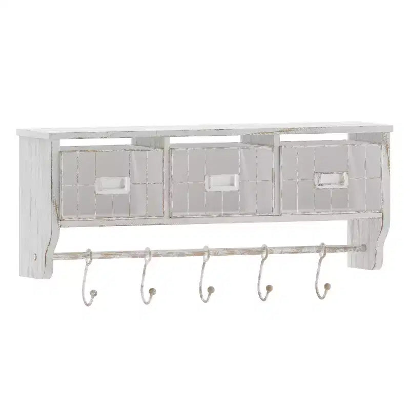 Wandmontage 24 inch massief dennenhouten opbergrek met bovenplank, 5 haken en draadmanden