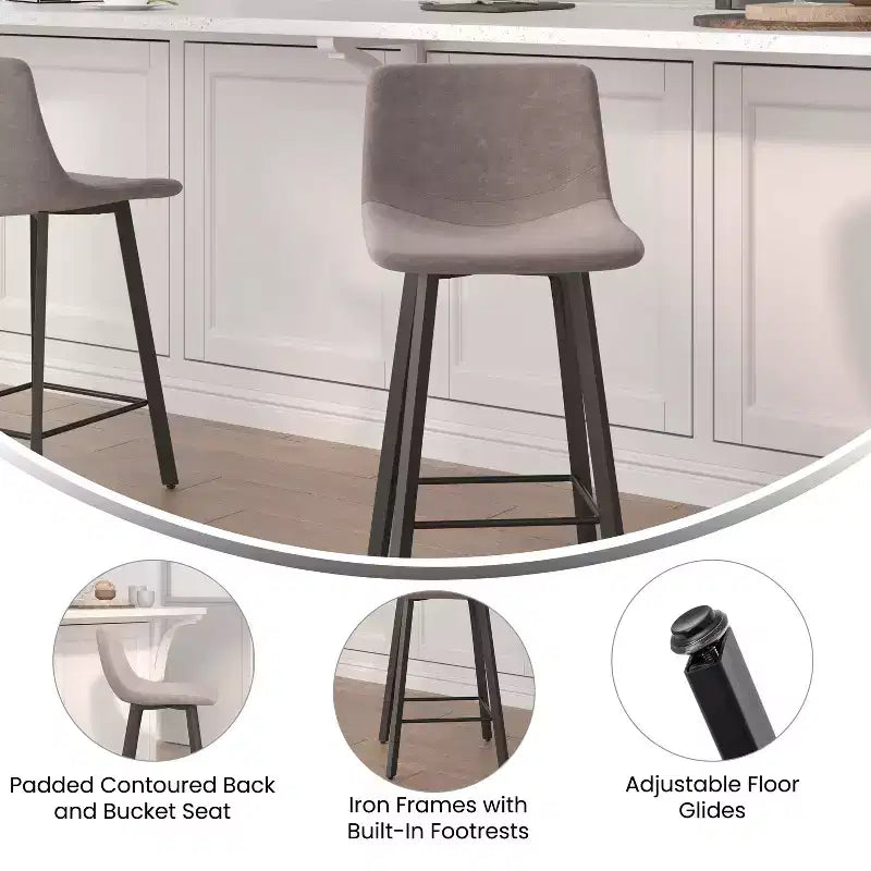 Ensemble de deux tabourets de bar modernes rembourrés 24", cadres en métal mat et patins en plastique